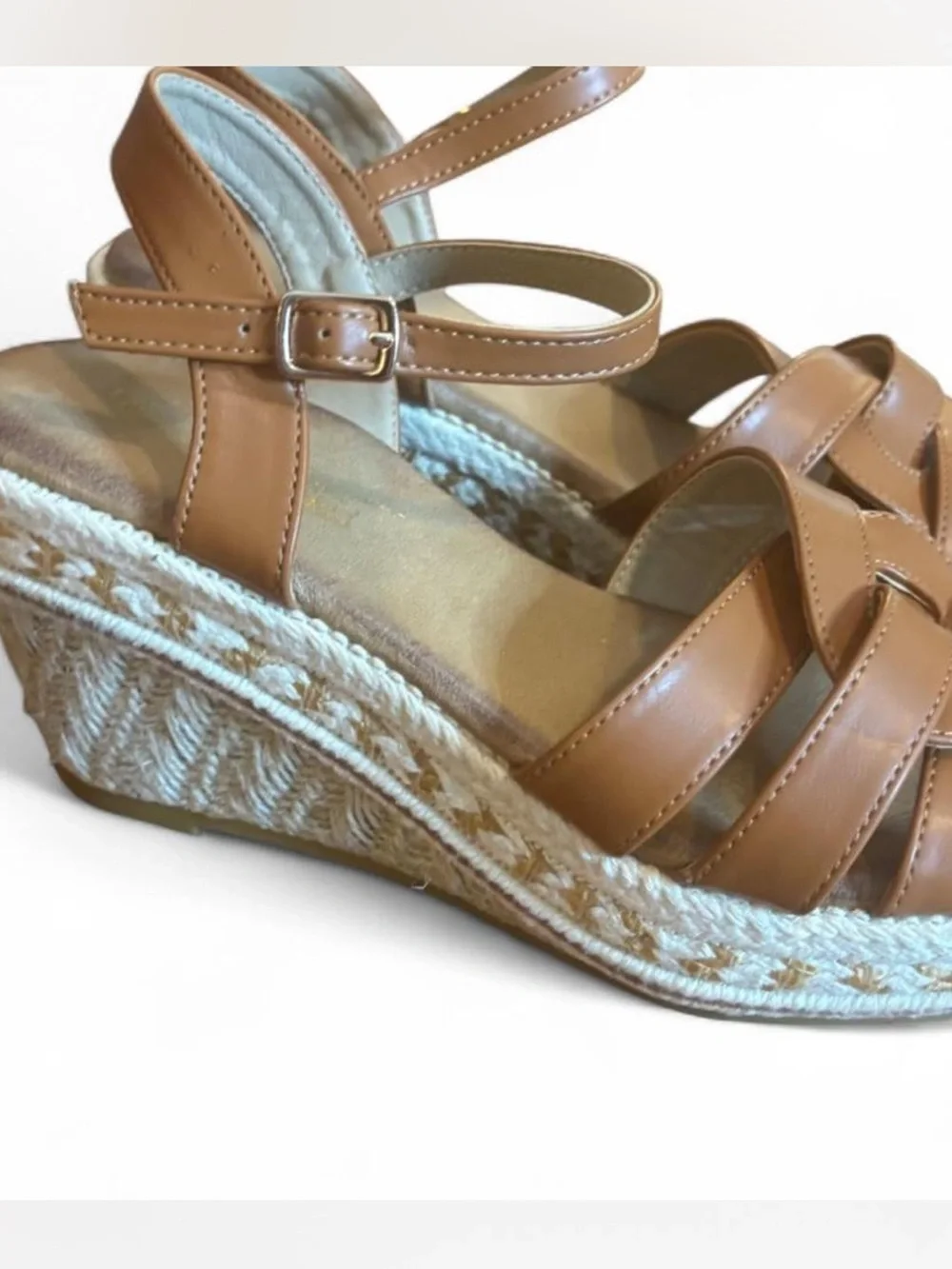 Women's boho Tan woven Wedge Sandals with Ankle Strap